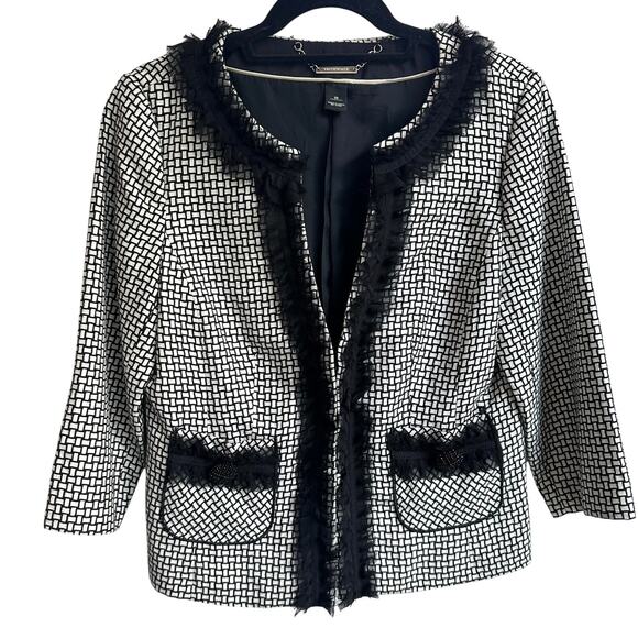 WHBM Open Cardigan Blazer Sz 10 White Ruffle Accent Cropped Jacket Large - Picture 1 of 8